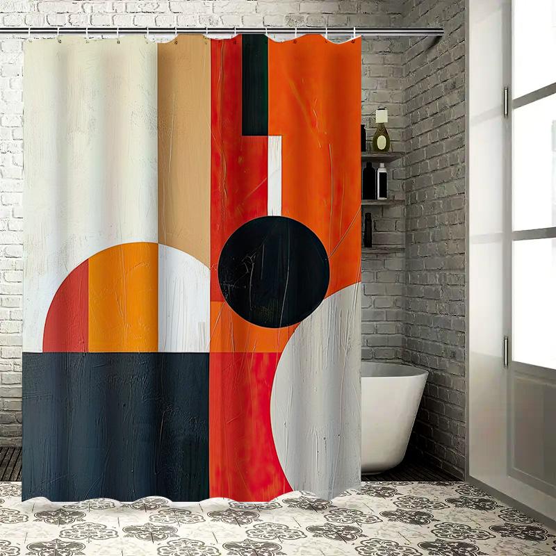 

Modern Bath Curtain With Bold Geometric Design Orange White Color Block Shower Liner For Home Decor In Bathroom Accessories W60H190(CM)-1 Pcs