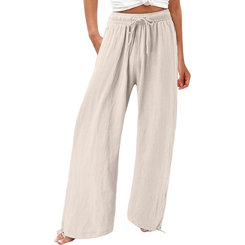 Women S High Waist Solid Color Drawstring Wide Leg Casual Beach Pants S