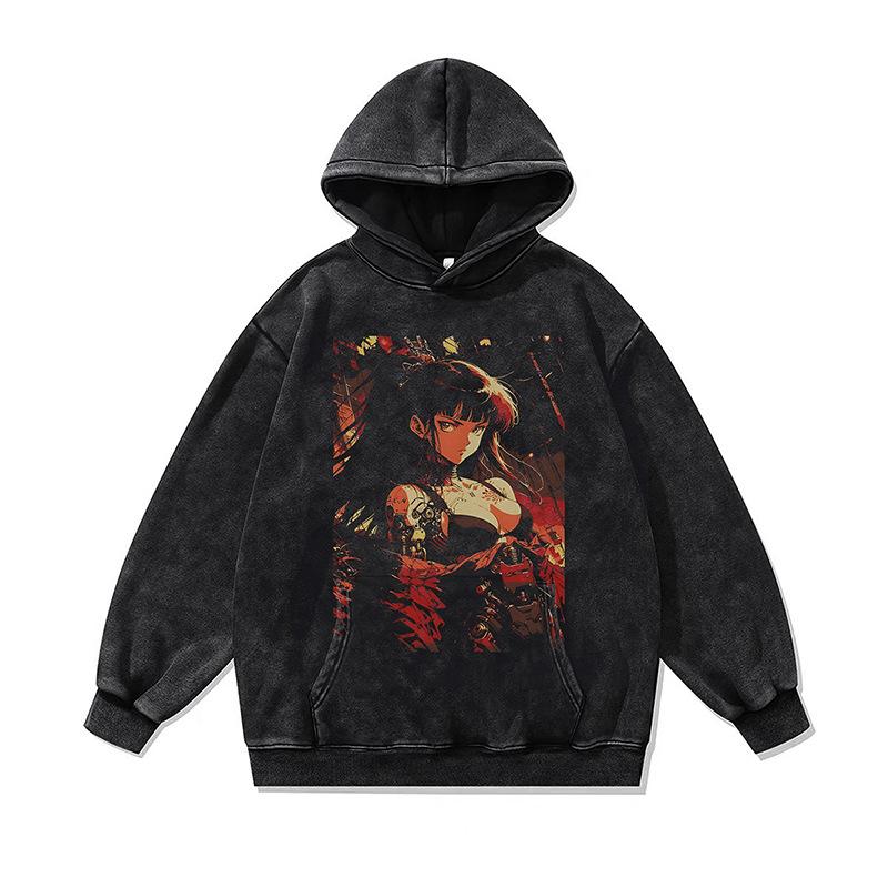 American Retro Cartoon Direct Injection Printing Hoodie Men And Women Autumn And Winter Oversize Washed Hooded Sweater