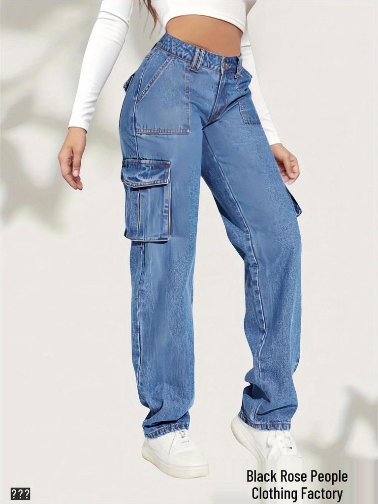 2025 Women's Retro Mid-Waist Multi-Pocket Cargo Jeans - Casual Straight-Leg Hot Girl Style