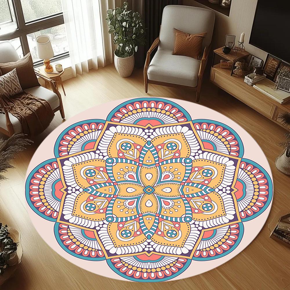 

Bohemian Ethnic Style Round Rug Vibrant Floral Pattern Carpet Soft Non-Slip Circle Mat for Living Room Bedroom Kids Room 100cm