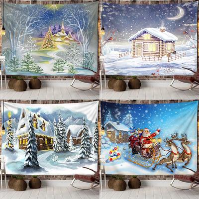 Santa Claus Snowman Snowy View Forest Print Pattern Tapestry Home Living Room Bedroom Dormitory Decoration Hanging Tapestry