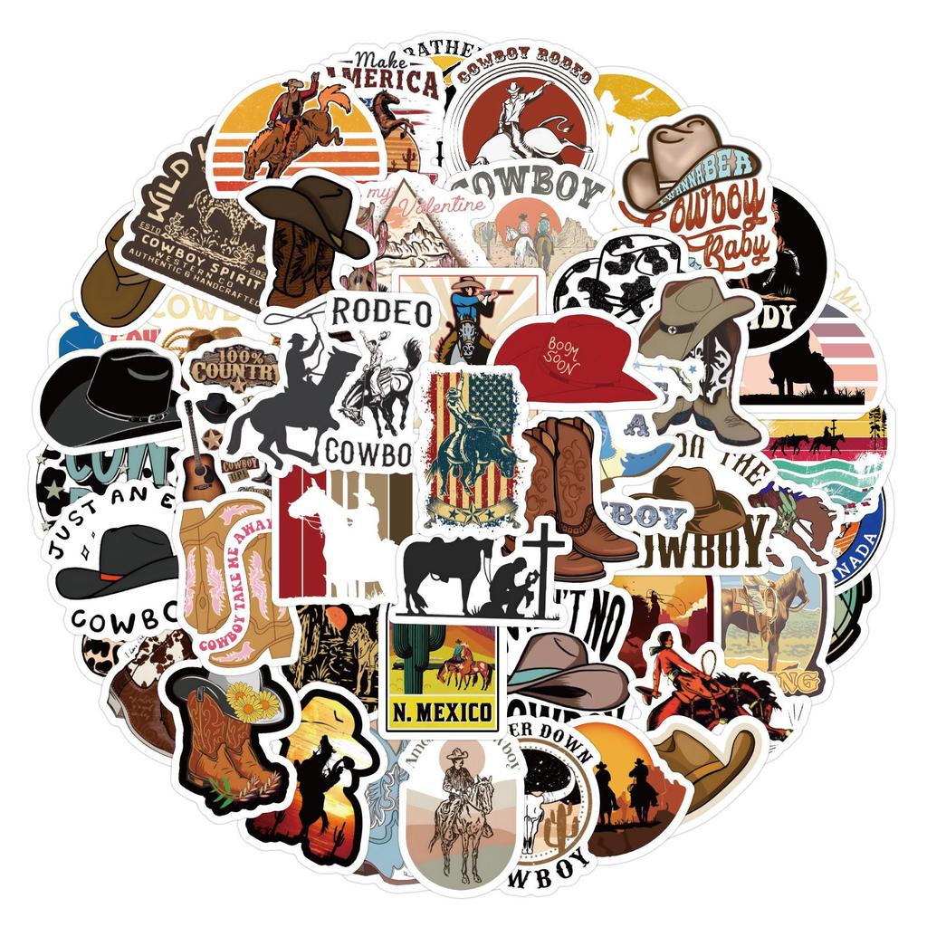 60 Cowboy Cartoon Stickers: Western-themed, waterproof decals for journals, water bottles, and laptops.