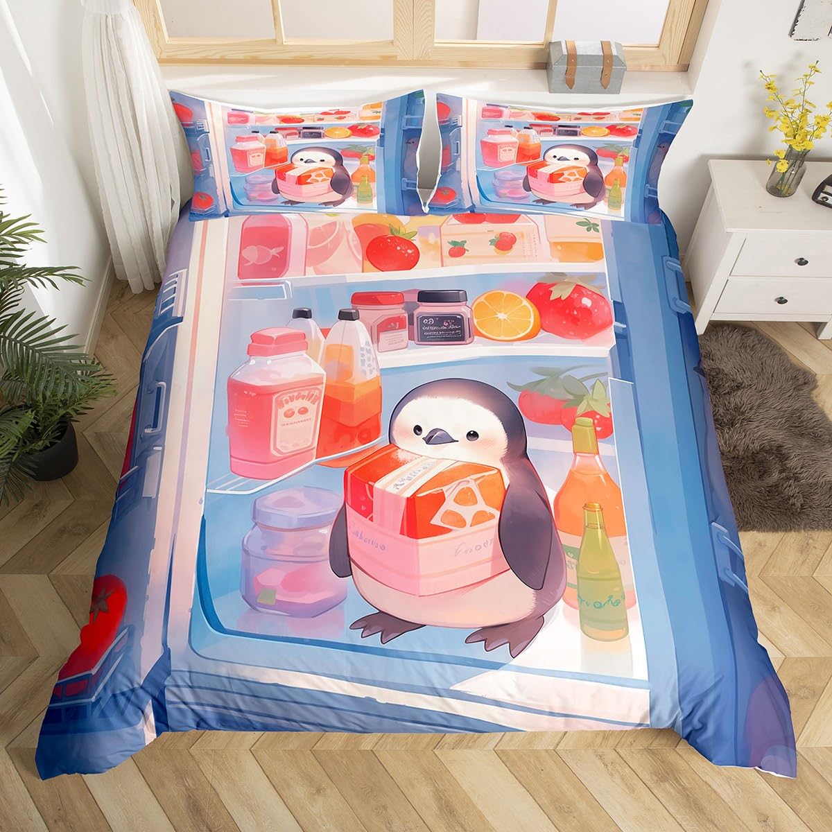 Cute Penguin Comforter Cover King Full Cartoon Animal Duvet Cover Watercolor Painting Bedding Set Antarctic Wildlife Quilt Cover EU Single(135x200cm)