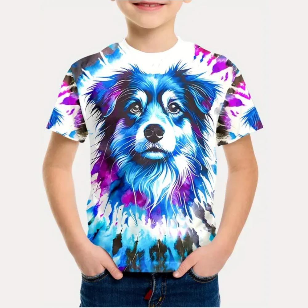 Kids Clothes Cheerful Puppy 3D Print Graphic T Shirts Summer Outdoor Play Crew Neck Short Sleeves Children's Boy's Clothing