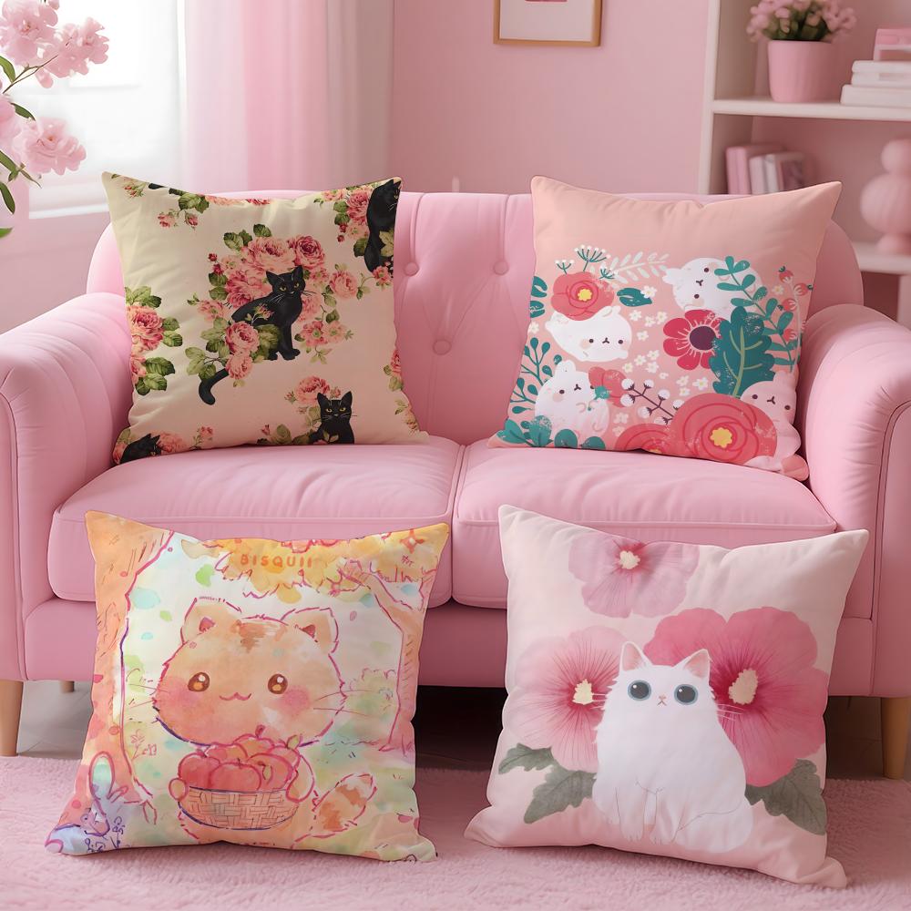 K-Kitty Flowers Apples Kitty Cushion Cover Pillow Case Soft Friendly Fabric & Concealed Zipper