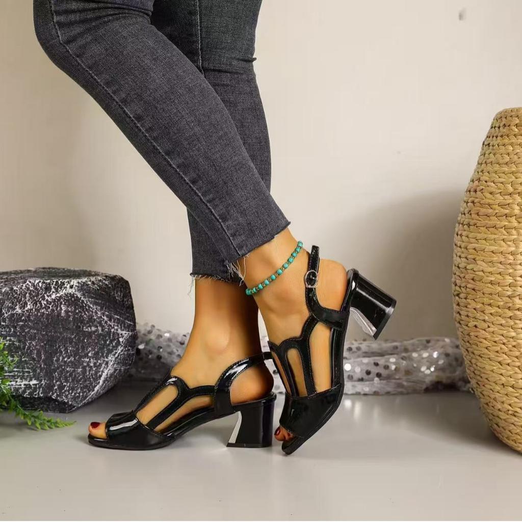 Summer Heels Medium Heel Buckle Female Footware Black 2024 Trend Fashion New Women's Pumps Shoes Peep Toe Women Sandals 40