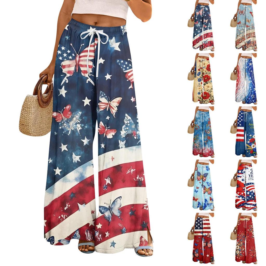 Dámské letní boho palazzo kalhoty s vysokým pasem a širokými nohavicemi, tisk, ležérní kalhoty s kapsami