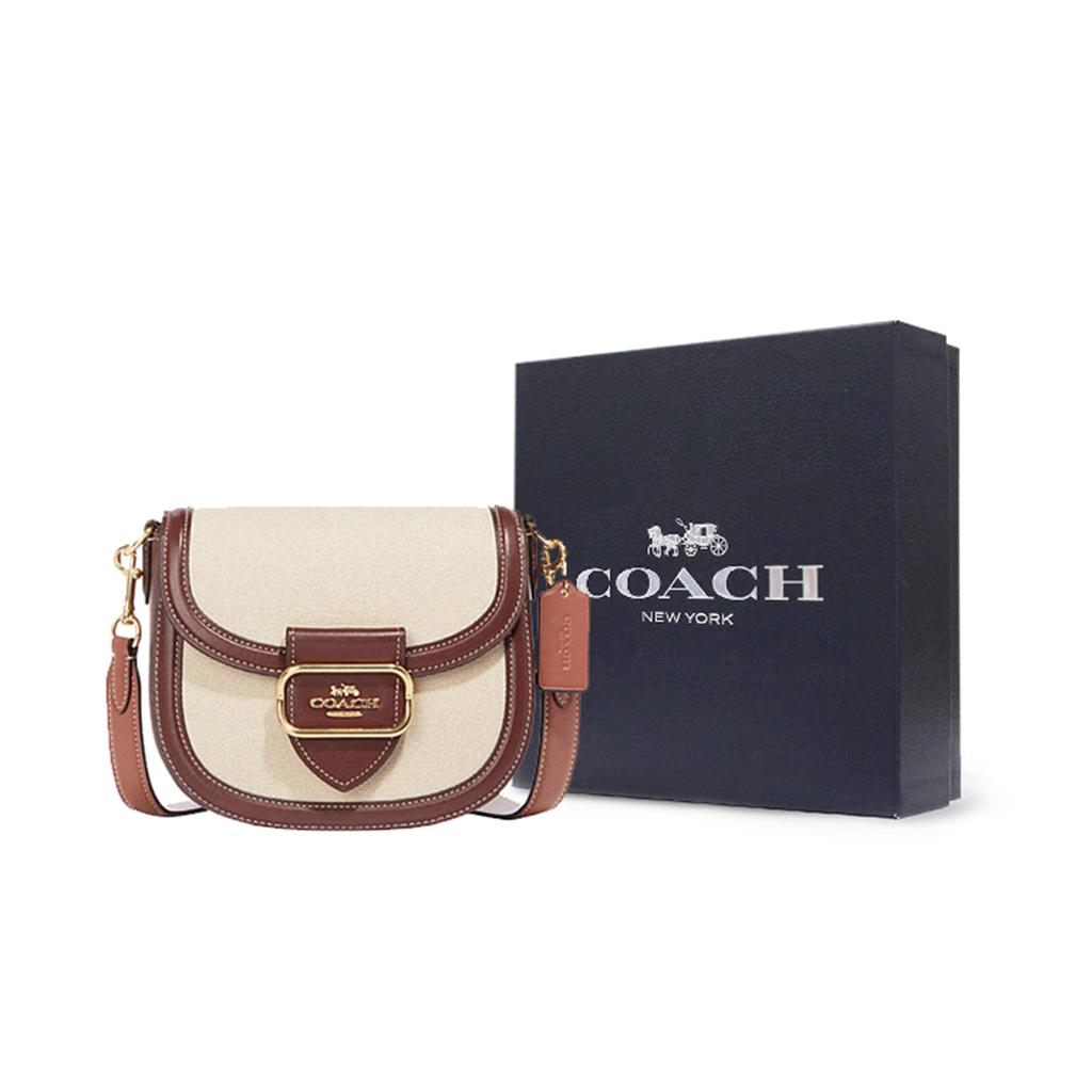 New COACH Morgan Cow Leather With Textile Saddle Bag, Crossbody Bag, Shoulder Bag Small Size Women's Red & Beige CH183-IMNAM