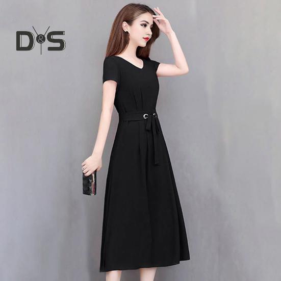 Summer Lady Dress Round Neck A-line Short Sleeves Slim Waist Plus Size Pure Color Slim Fit Mid-calf Length OL Commute Midi Dress