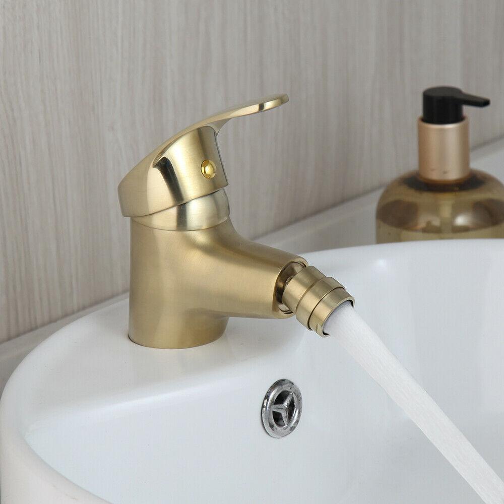 Brushed Gold Stainless Steel Single Hole Ceramic Bathroom Bidet Faucet Wash Basin Sink Mixer Tap Waterfall Spout Hot & Cold