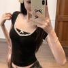 Lace Trim Bow Short-Sleeve Women's Summer Slim Fit Top