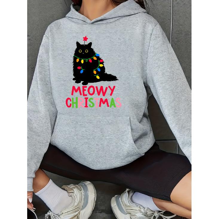 Soft & Cozy Christmas Cartoon Cat Hoodie, Casual Pullover Sweatshirt with Kangaroo Pocket & Stretchy Knit Fabric - Festive Holiday Top for Adults