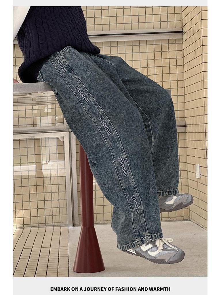 2025 Jesień Stylowe Dżinsy Amerykańskie z Haftem Literowym i Dużymi Kieszeniami