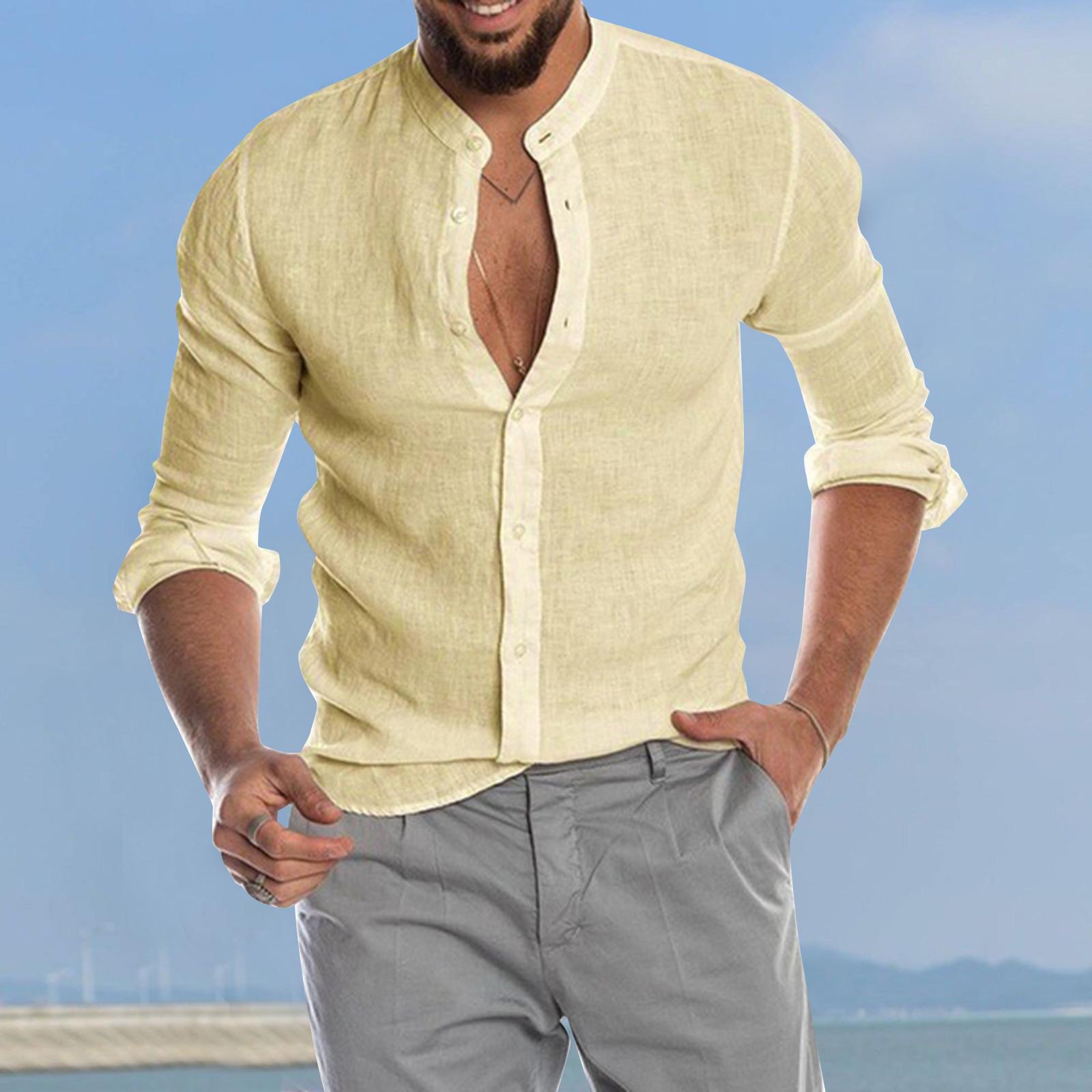 

Дизайнерские весенне-летние мужские повседневные рубашки из хлопка и льна, однотонные рубашки с длинными рукавами, свободные рубашки с воротником-стойкой XXXL хаки