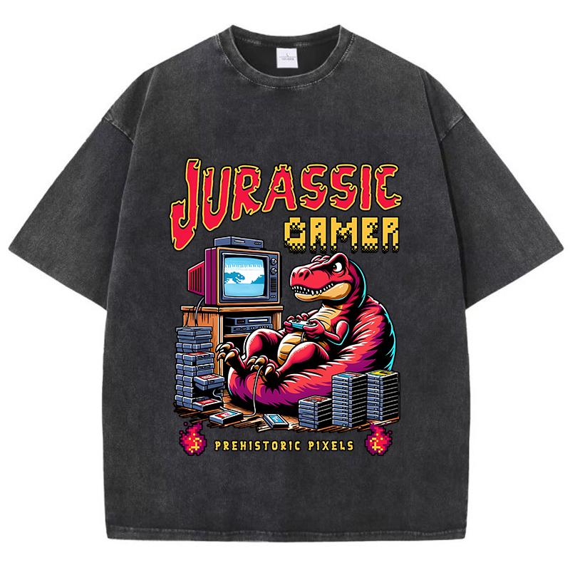 Street Woman Washed T-Shirts Jurassic Games Vintage Manga Print Short Sleeve Comfortable Cotton Oversize Tops Clothes