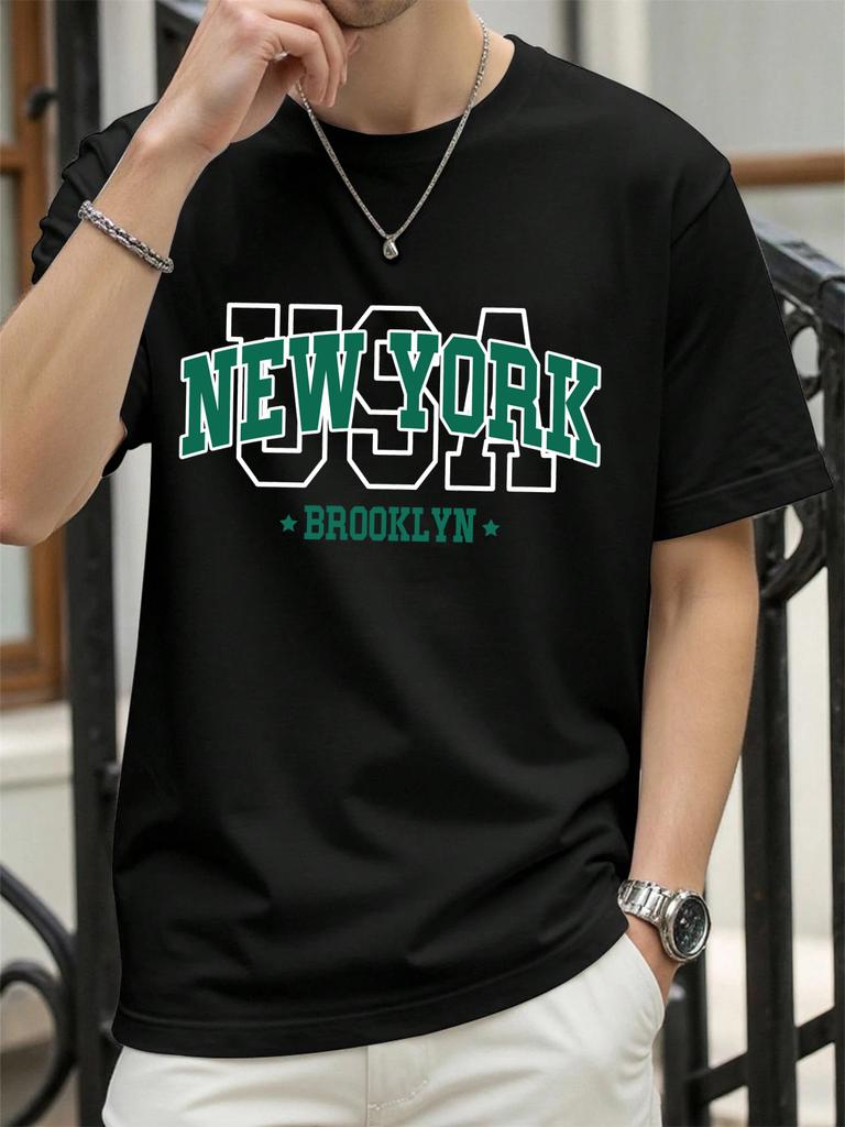 Usa New York Brookl Yn Print Mens T Shirts Hip Hop AllMatch Tops Casual Cotton Vintage Clothes Male Loose Crewneck Streetwear
