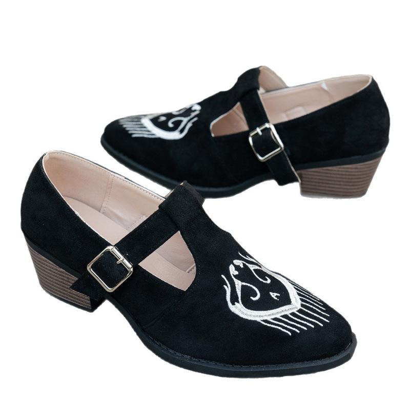Large Size Pointed Single Shoes Autumn New European and American Light Mouth Thick Heel Embroidered Single Shoes