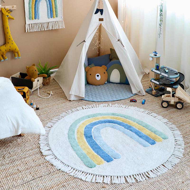 Rainbow Fluffy Carpet For Living Room With Tasselsl White Hairy Bedroom Rug Baby Folding Carpet Soft Nursery Play Mat For Kids