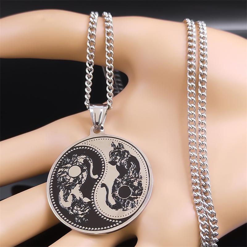Yin Yang Cat Tai Chi Taoism Pendant Necklace for Women Men Stainless Steel Round Hip Hop Punk Chain Necklaces Jewelry N2521S05