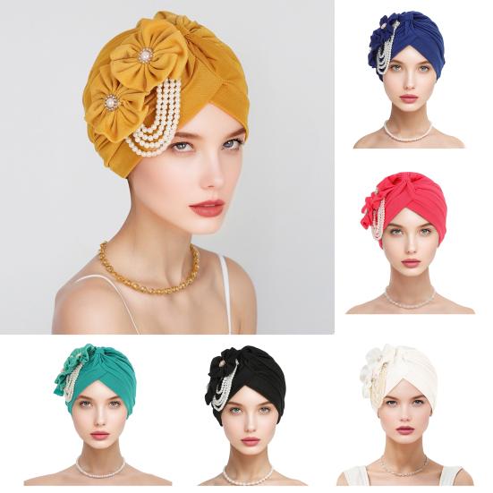 Damer Hodeskjerf Hatt Imitasjon Perler Blomsterdekor Turbanhatt Ensfarget Elastisk Passform Pannebånd Sovehatt