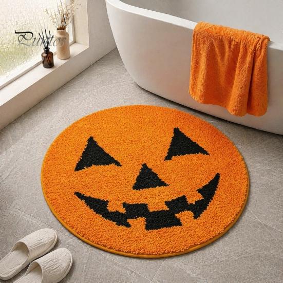 Cozy Soft Bedroom Accent Mat Halloween Pumpkin Bath Mat, Bathroom Rug with Non-slip Backing, Non-shedding Flocking Absorbent Black Cat for Home