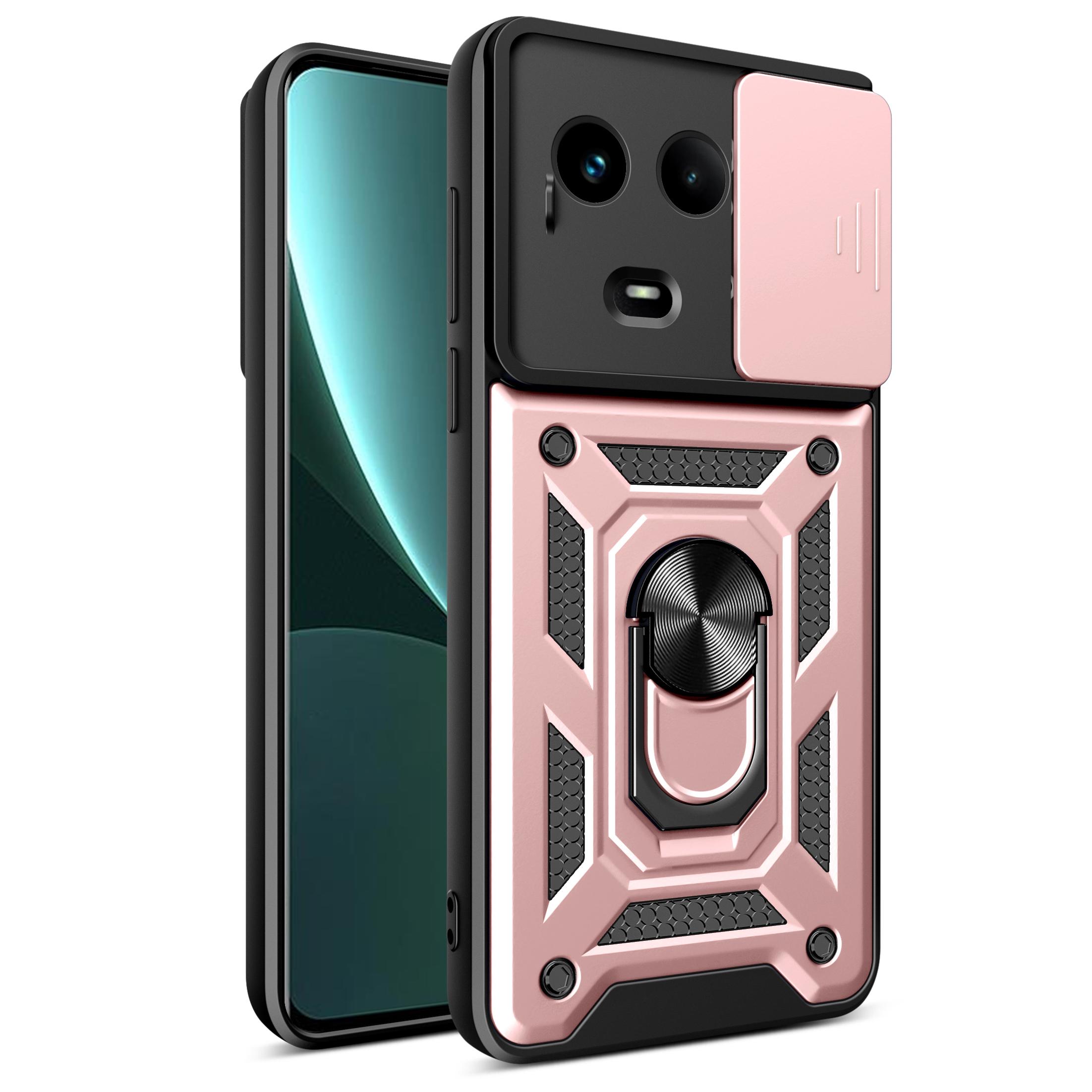

For Realme 11x 5G/11 5G (Global) Case Slide Lens Guard PC+TPU Ring Kickstand Phone Cover Rose Gold