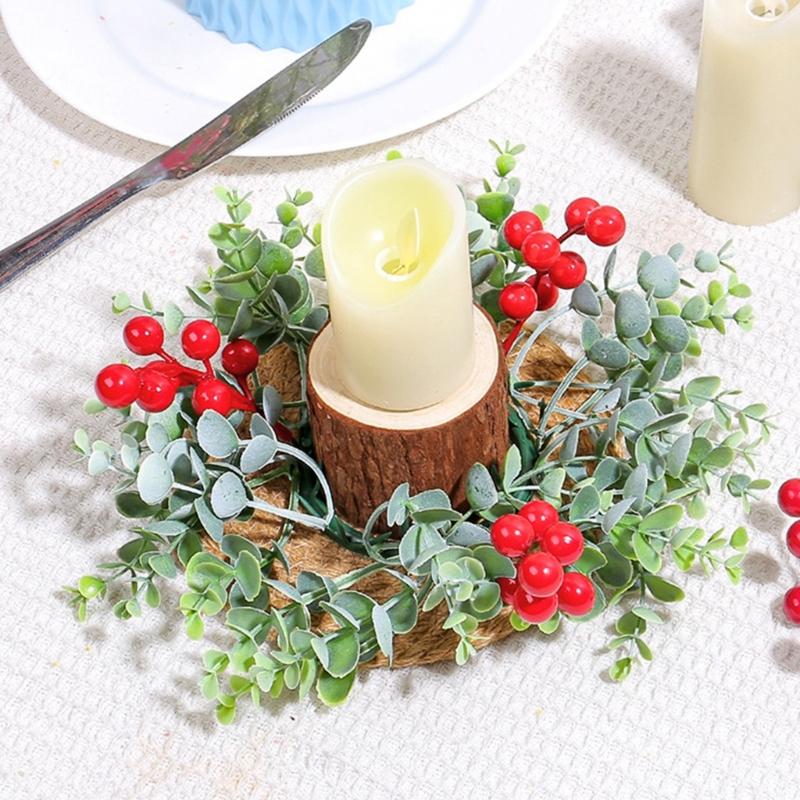 Holiday Decorative Candlestick Artificial Berries Wreath Candle Holder Rings for Christmas Table Centerpieces Ornament