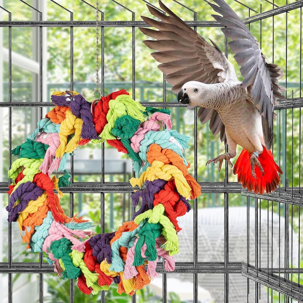 Parrot Swing for Large Birds - Colorful Cotton Rope Hanging Ring Toy for n Grey, Cockatoo, Conure, and Parakeet | Chewing, Exercise, Climbing, and