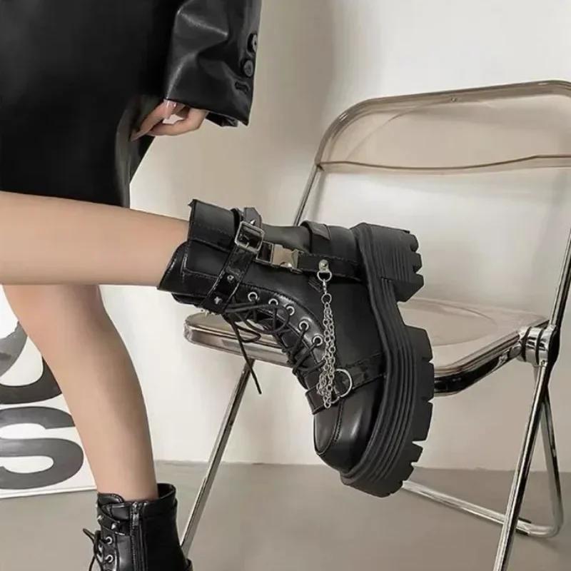 2025 New Women's Boots Gothic Ladies Shoes Rivet Chain Design Short Boots Fashion Lady Rock Boots Metal Decor Punk Women Shoes