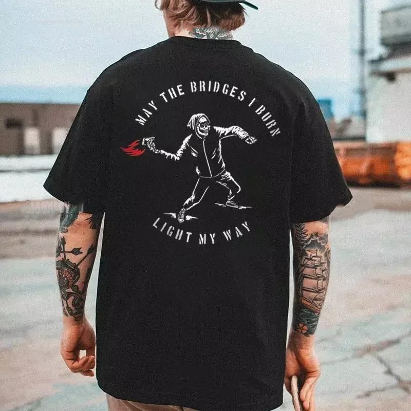 Summer Men's Letter Skull Print Round Neck T-shirt Punk Retro Trend Outdoor Pure Cotton Hip-hop High Street Short Sleeved Shirt