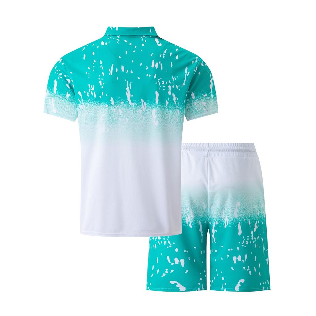 Men's Spring Printed Zipper Lapel Short Sleeve Top Shorts Suit Men's Casual Sports Suit