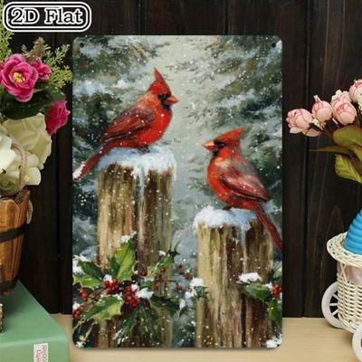 12x8 Inch 1pc Vintage Aluminum Metal Sign, 2D Flat Winter Cardinal Birds Christmas Farmhouse Indoor/Outdoor Decor