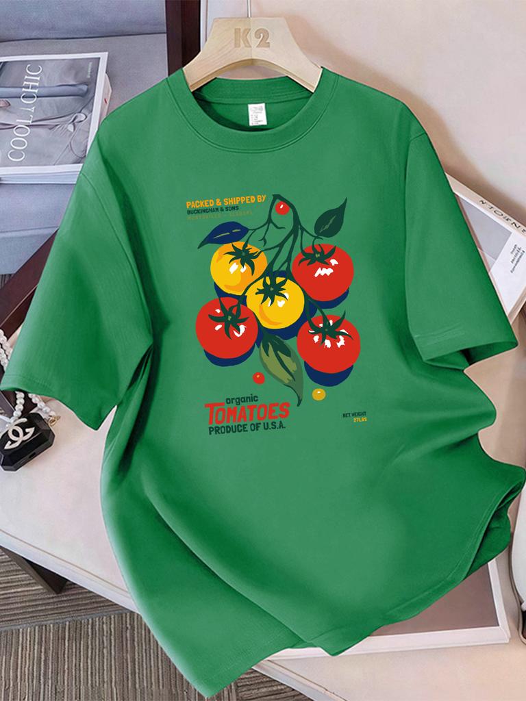 Summer Cotton T-Shirts Women Organic Tomatoes Produce Of Usa Prints Short Sleeve O-Neck Comfortable Loose Tops Casual Clothes