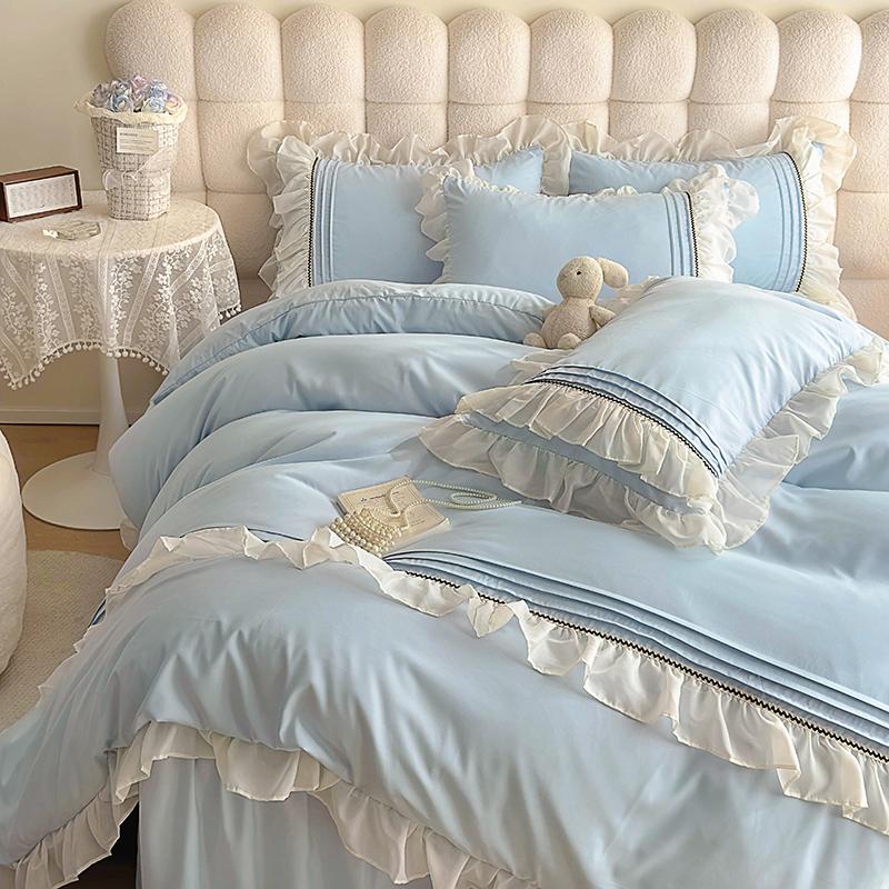 INS Girls Blue Bedding Sets Solid Color Ruffles Lace Kawaii Soft Bed Skirt Sheet Woman Duvet Cover Pillow Covers Quilt Cover