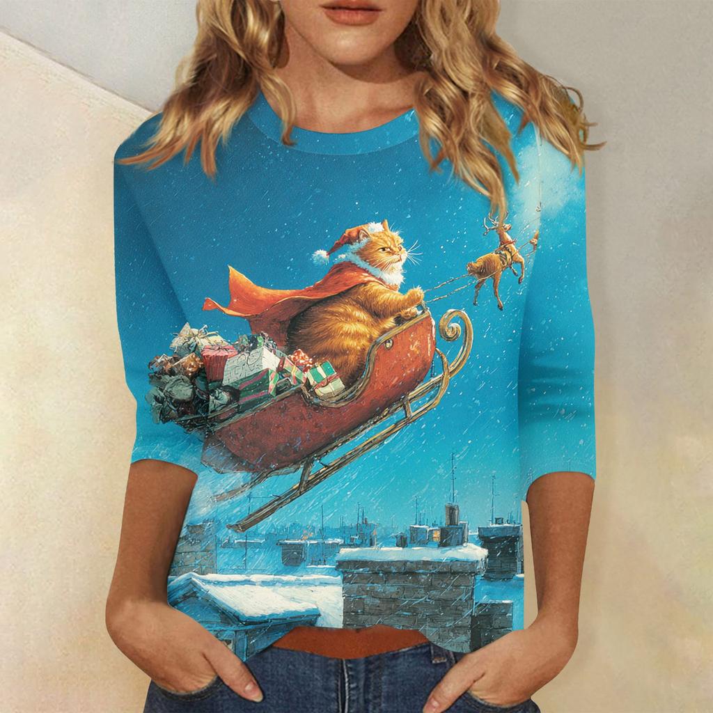 3/4 Sleeve Shirts For Women Print Christmas Tees Blouses Casual Plus Size Basic Tops Pullover