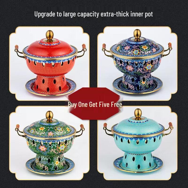 Cloisonne Copper Single-Person Hot Pot with Alcohol Stove