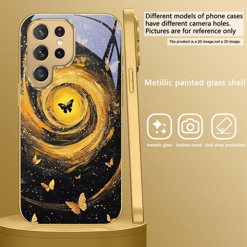 Vortex Black Butterfly For Samsung Galaxy S20 FE S21 S22 S23 Plus S24 Ultra S25Ultra S21+ S9+ S22Plus Golden glass phone case