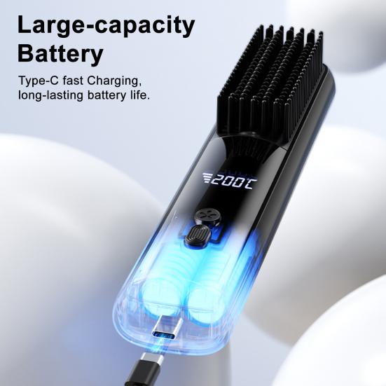 Cordless Hair Straightener Brush LCD Temperature Display Frizz Control Hair Straightening Comb USB Rechargeable Fast Heating Electric Hot Brush