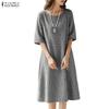 ZANZEA Women Plaid Print Casual Round Neck 3/4 Sleeve Loose Dress