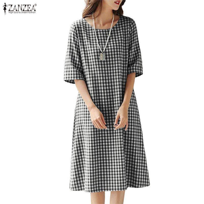 ZANZEA Women Plaid Print Casual Round Neck 3/4 Sleeve Loose Dress