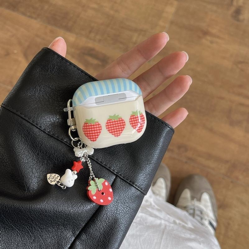 Blue Stripe Cute Plaid Pattern Three Strawberries With Charm Pendant Earphone Case Cover for AirPods 1 or 2 3 4 Pro 2 Pro 3
