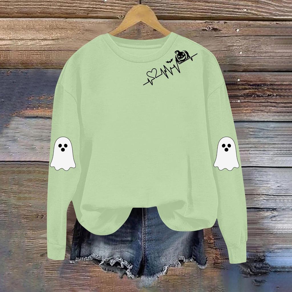 Women's Fashionable Casual Long-sleeved Halloween Printed Round-neck Top