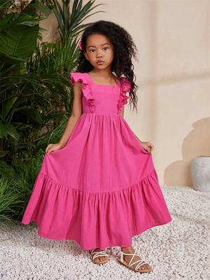 Kids' Summer Korean Puff Sleeve Open Back Dress with Sweet Square Neck