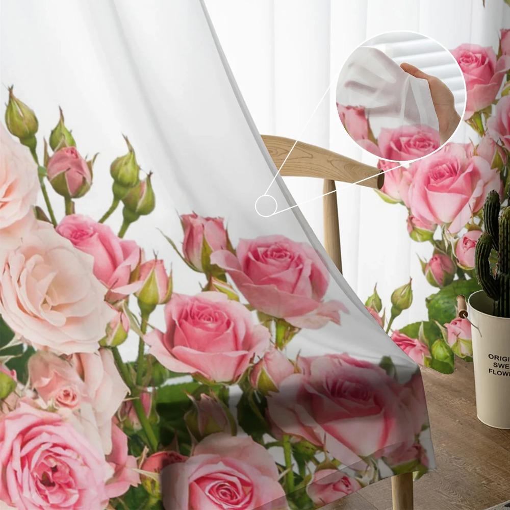Blush Pink Rose Blossom Floral Bouquet Pure White Soft Tulle Transparent Drapes for Living Room Ornamentation Window Panel Curtain Ideal for Bedroom