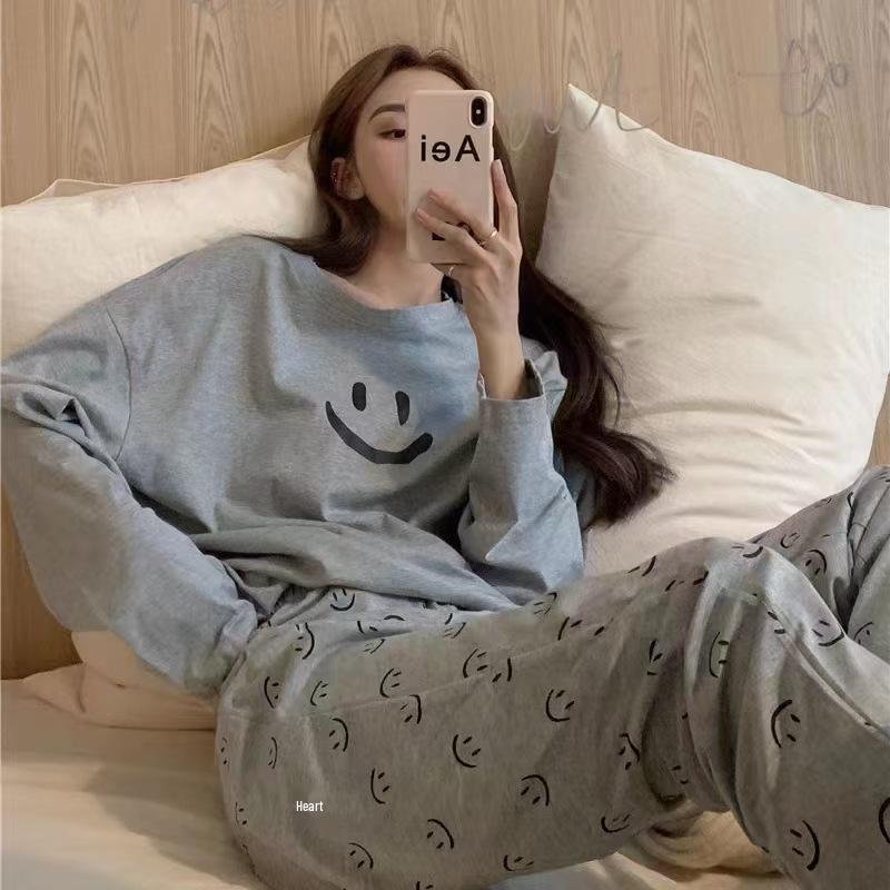 Women's Smile Face Cartoon Pajama Set - Long Sleeve Spring/Autumn Sleepwear