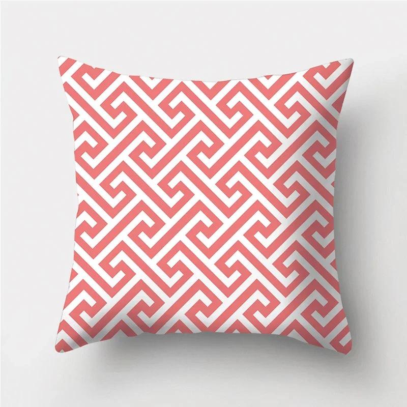 Coral Red Geometric Stripe Printed Pattern Polyester Cushion Cover for Home Living Room Sofa Decoration Throw Pillow Pillowcase