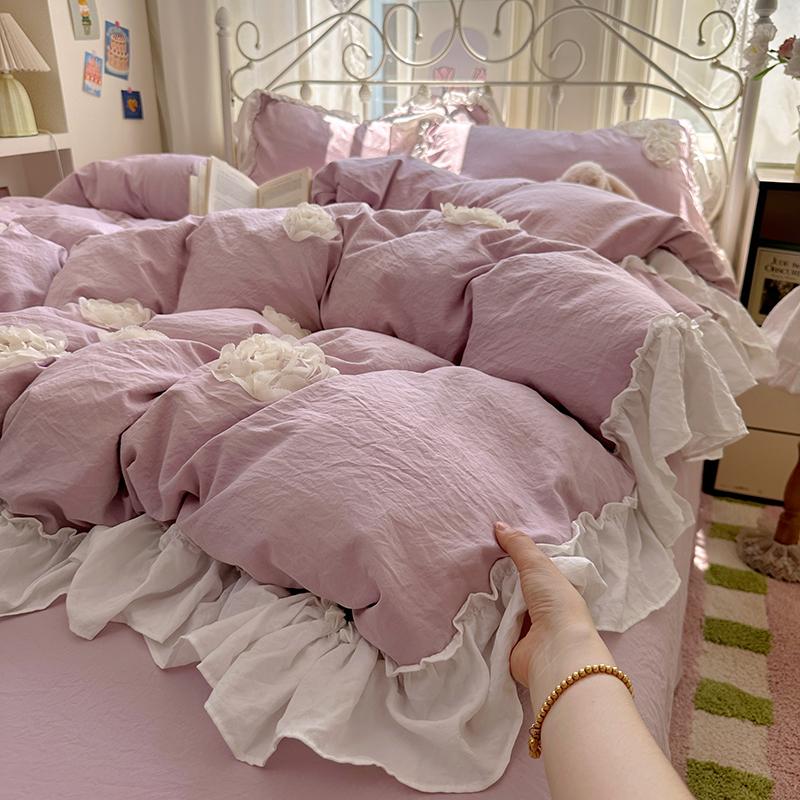 

INS Princess Girls Bedding Sets Solid Color Ruffles Flowers Ivory Duvet Cover Set Pillow Covers Quilt Cover Bed Sheet Sets Flat Bed Sheet&Single150x200 3pcs фіолетовий
