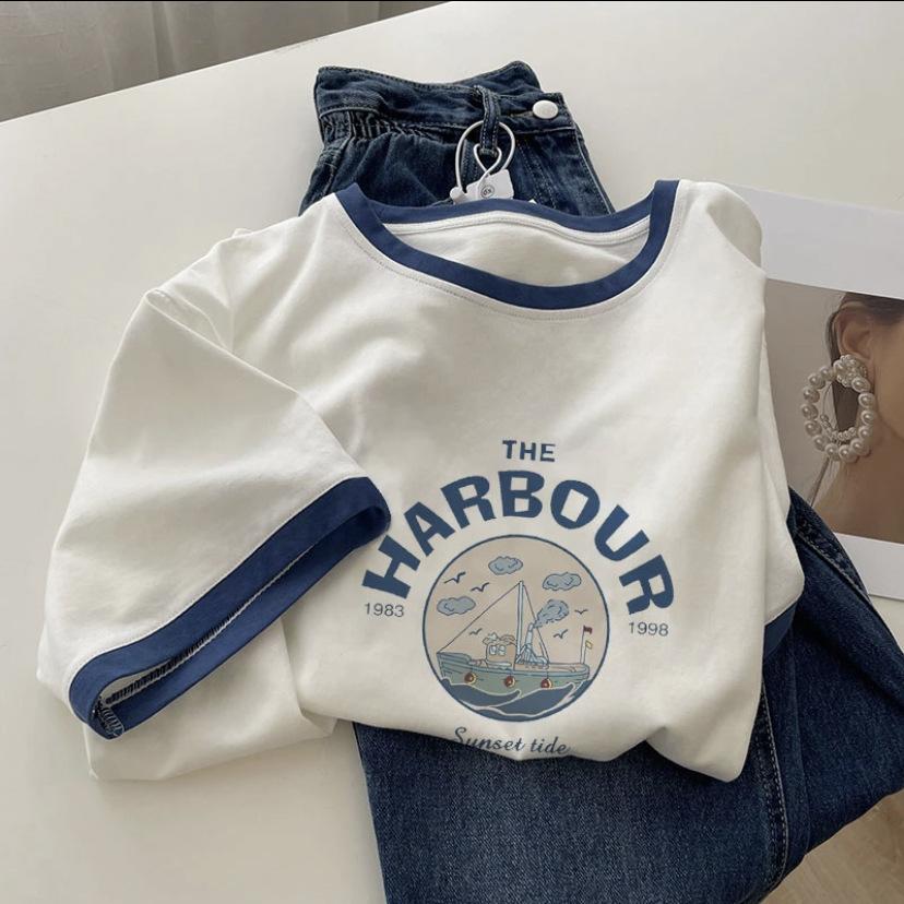 Czysta bawełna, biały t-shirt damski z krótkim rękawem, letni design, niszowy, w kontrastowym kolorze, w stylu Hong Kongu, szykowny top z bazą