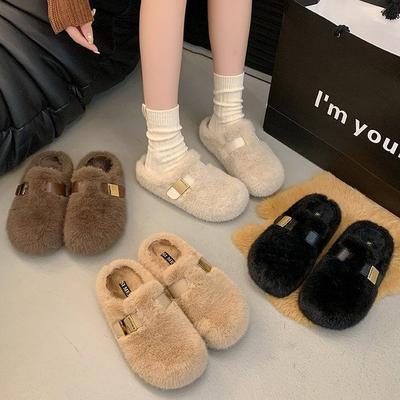 Versatile Thick-soled Fluffy Shoes Single Shoes Women's 2025 Autumn and Winter New Outer Wear Small Plush One-pedal Bag Head Shoes Women